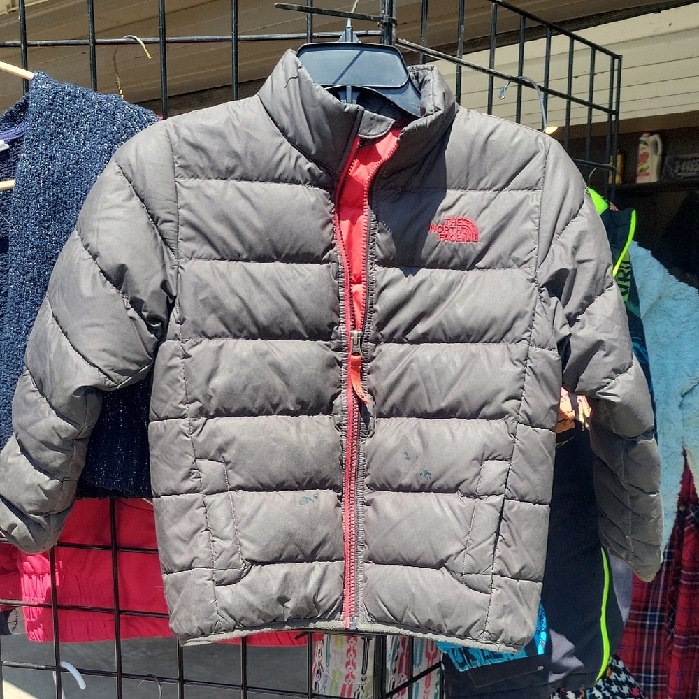 The North Face Gray Puffer Jacket with Red Accents